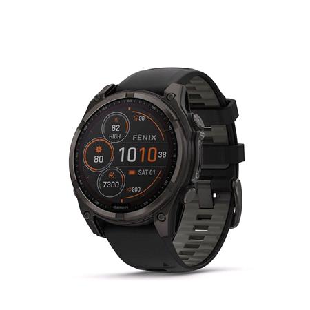 Garmin Fenix 8 Smartwatch 47mm Solar AMOLED in Carbon Grey DLC Titanium with Black/Grey Strap