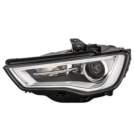 Left Headlamp (Bi Xenon, Takes D3S Bulb, Grey Bezel, With Curve Light, With LED Daytime Running Light, Supplied Without LED Module, Original Equipment) for Audi A3 Saloon 2012 2016