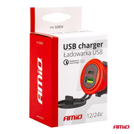 Waterproof 12/24V USB C and USB 3.0 Charging Unit   Red