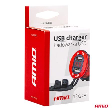Waterproof 12/24V 3.1A Dual USB Charging Unit with Digital Voltmeter   Red