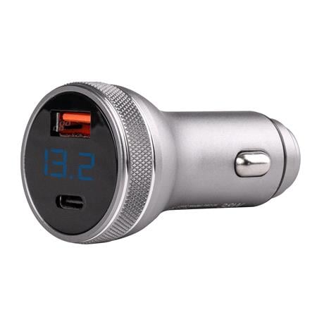 Portable Fast Charging 12/24V 20W USB C and USB Car Charger with Voltmeter