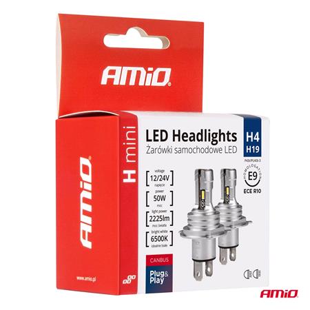 AMIO H mini Series 12V 50W H4 6500K LED Bulbs   Twin Pack
