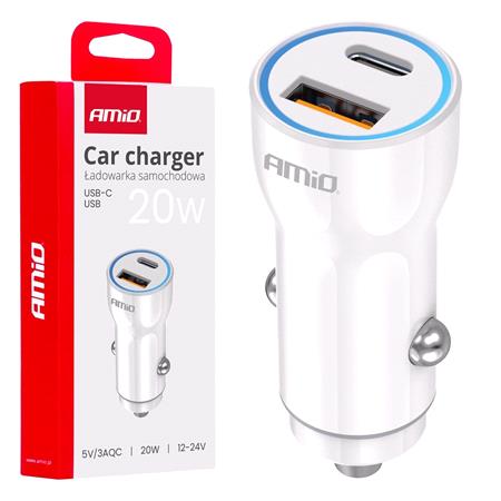 Dual USB A + USB C 3A 20W 12/24V Car Charger