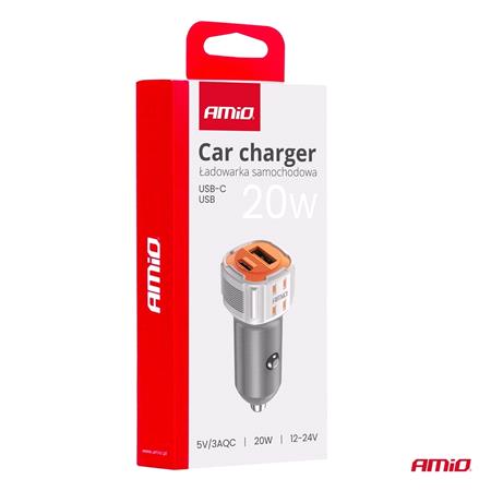 Dual USB A + USB C 3A 20W 12/24V Car Charger   Orange