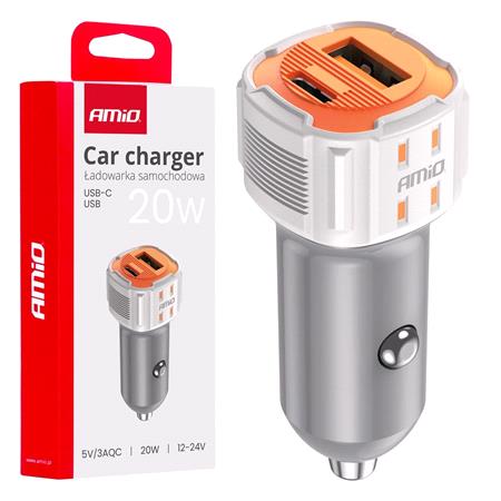 Dual USB A + USB C 3A 20W 12/24V Car Charger   Orange