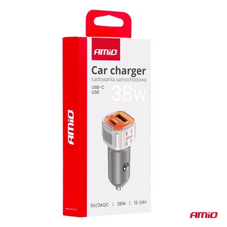 Dual USB A + USB C 3A 38W 12/24V Car Charger   Orange