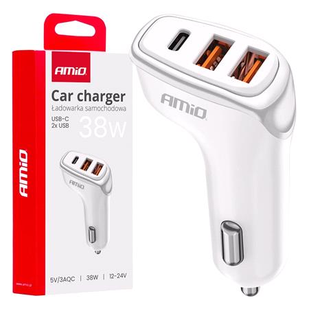 2x USB A + 1x USB C 3A 38W 12/24V 3 Port Car Charger