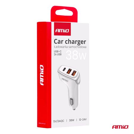 2x USB A + 1x USB C 3A 38W 12/24V 3 Port Car Charger