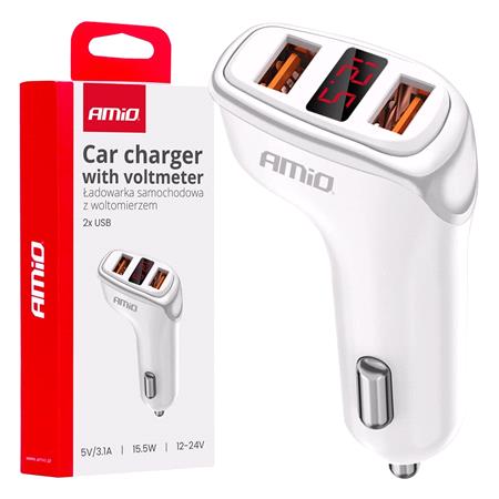 Dual USB A 3.1A 15.5W 12/24V Car Charger with Battery Tester