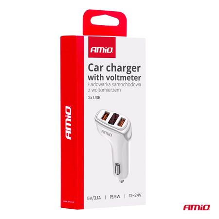 Dual USB A 3.1A 15.5W 12/24V Car Charger with Battery Tester