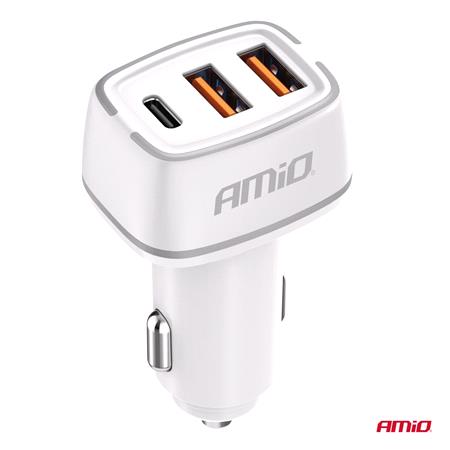 2x USB A + 1x USB C 3A 32W 12/24V 3 Port Car Charger