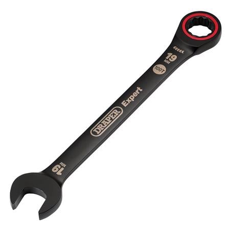 Draper Expert 03892 HI TORQ Metric Ratchet Combination Spanner, 19mm, Black