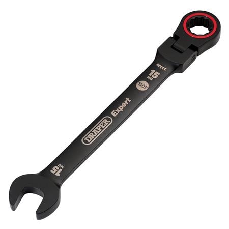 Draper Expert 03922 HI TORQ Metric Flexible Head Ratchet Combination Spanner, 15mm, Black