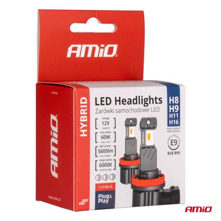 AMIO Hybrid Series 12V 60W H8/H9/H11/H16 6000K Canbus LED Bulbs   Twin Pack