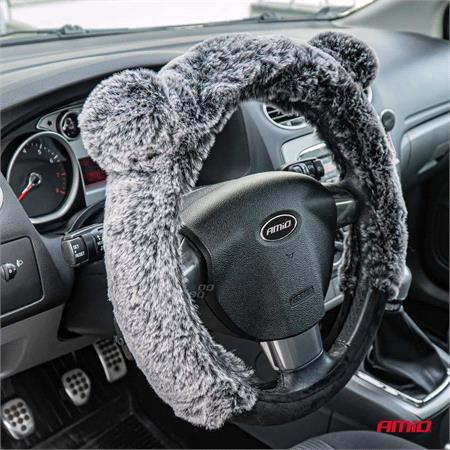 Steering Wheel Cover   Fluffy Grey   37 39cm