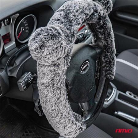 Steering Wheel Cover   Fluffy Grey   37 39cm