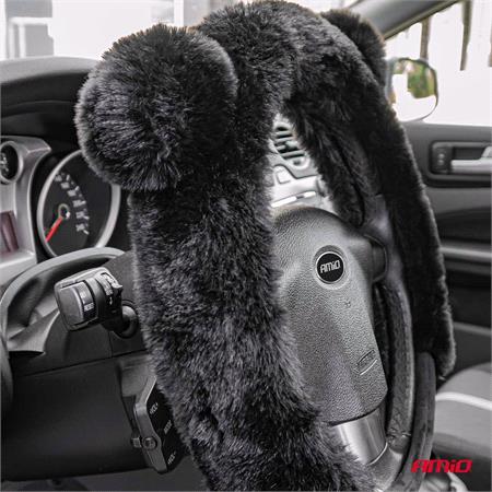 Steering Wheel Cover   Fluffy Black   37 39cm