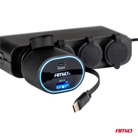 AMIO Quick Car Charger 3.0 with 30W USB C Retractable Cable