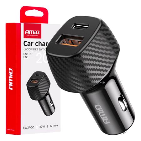 AMIO Car charger QC+PD 20W 3A USB A + USB C