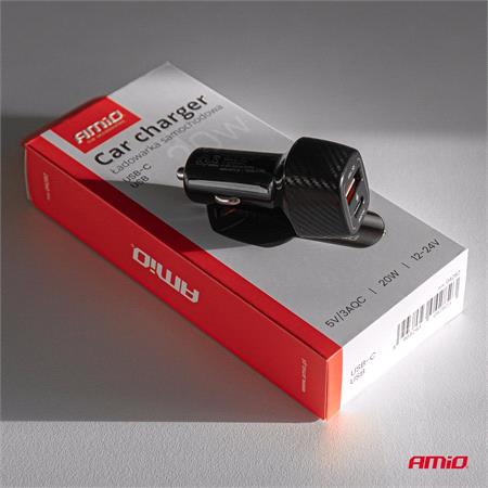 AMIO Car charger QC+PD 20W 3A USB A + USB C