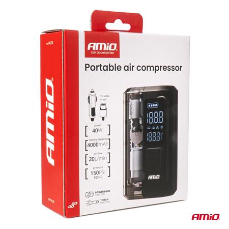 AMIO Portable Air Compressor with LED Display and Powerbank, 12V, USB C, 40W
