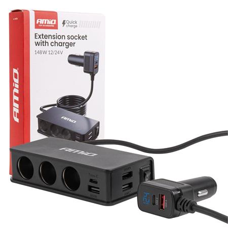 AMIO Extension Socket with Charger 3xUSB A USB C QC 3.0 PD 3.0   148W Total Power