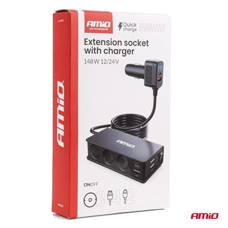 AMIO Extension Socket with Charger 3xUSB A USB C QC 3.0 PD 3.0   148W Total Power