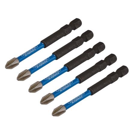 Draper Expert 05676 Cross Slot/PH Type Impact Screwdriver Bits, No.2 x 75mm, 1/4" Hex   Pack of 5