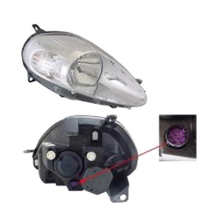 Right Headlamp (Chrome Bezel, With 8 Pin Connector, Takes H4 Bulb, Supplied With Motor & Bulb, Original Equipment) for Fiat GRANDE PUNTO 2009 on