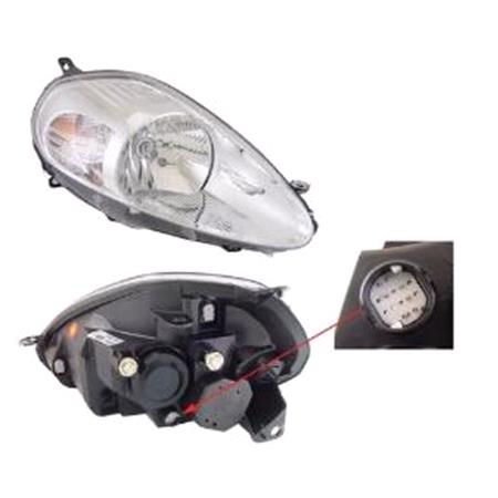 Right Headlamp (Chrome Bezel, With 14 Pin Connector, Takes H4 Bulb, Supplied With Motor & Bulb, Original Equipment) for Fiat GRANDE PUNTO 2006 2008