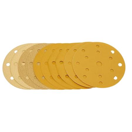 Draper 08480 Gold Sanding Discs with Hook and Loop 150mm Assorted Grit   120G 180G 240G 320G 400G 15 Dust Extraction Holes (Pack of 10)