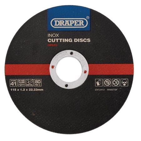 Draper 08940 Inox Flat Metal Cutting Discs, 115 x 22.2 x 1.2mm   Pack of 10