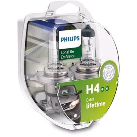 Philips LongLife EcoVision 12V H4 60/55W P43t 38 Bulb   Twin Pack