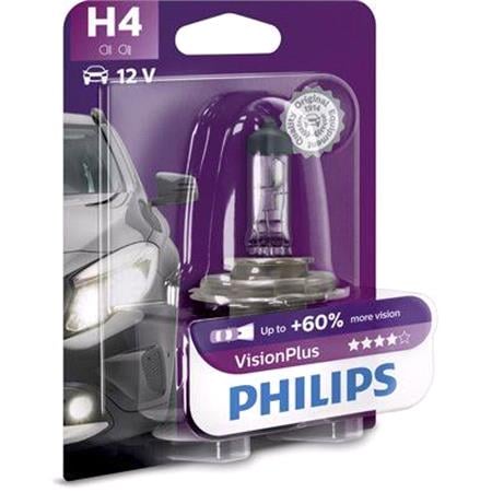 Philips VisionPlus 12V H4 60/55W +60% Brighter Bulb   Single