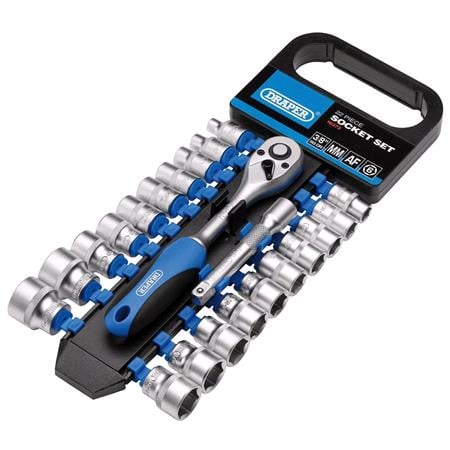 Draper 16373 Combined MM/AF Socket and Ratchet Set, 3/8" Sq. Dr. (22 Piece)
