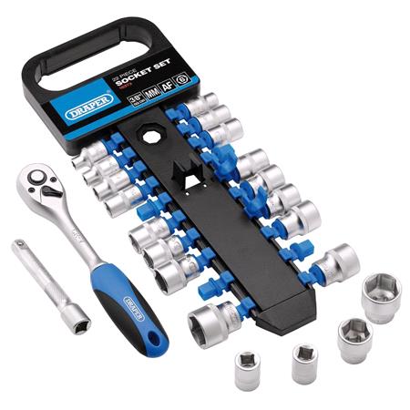 Draper 16373 Combined MM/AF Socket and Ratchet Set, 3/8" Sq. Dr. (22 Piece)