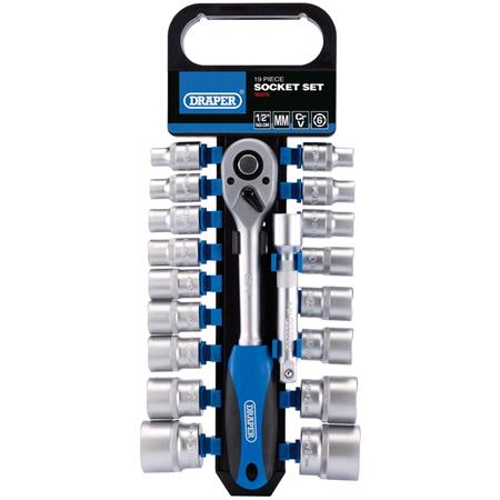 Draper 16375 1 2 inch Sq. Dr. Metric Socket and Ratchet Set (19 Piece)