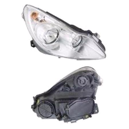 Right Headlamp (Chrome Bezel, Halogen, Takes H7 / H1 Bulbs, Supplied With Motor & Bulbs, Original Equipment) for Opel CORSA D Van 2006 2011