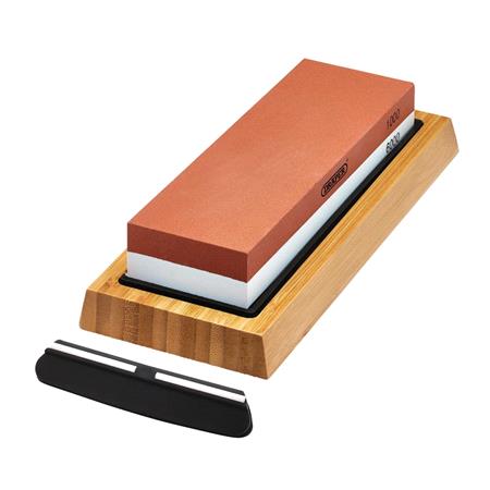 Draper 23949 Double Sided Whetstone Sharpening Stone with Non Slip Base and Angle Guide, 1000/6000 Grit