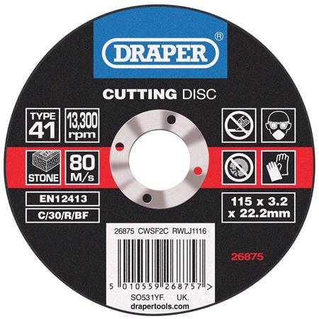Draper 26875 Flat Stone Cutting Discs (115 x 3.2 x 22.2mm)