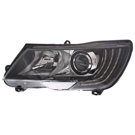 Right Headlamp (Bi Xenon, Takes D3S / H7 Bulbs, With LED Daytime Running Light, With Curve Light, Supplied Without Bulbs, Ballast or LED Control Module, Original Equipment) for Skoda SUPERB 2013 2015