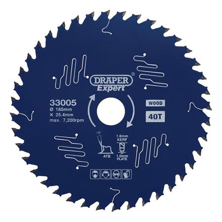 Draper Expert 33005 TCT Circular Saw Blade for Wood with PTFE Coating, 185 x 25.4mm, 40T