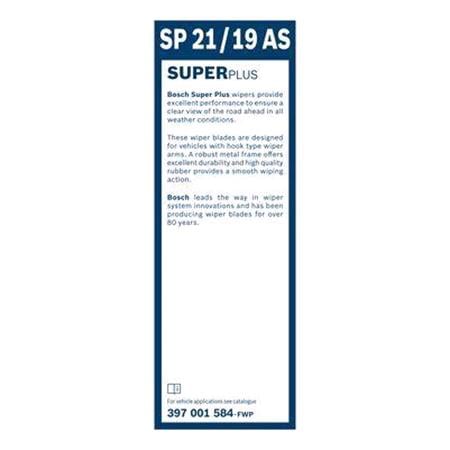 BOSCH SP21/19AS Superplus Wiper Blade Set (530 / 475mm   Hook Type Arm Connection) with Spoiler for BMW Z4, 2003 2009