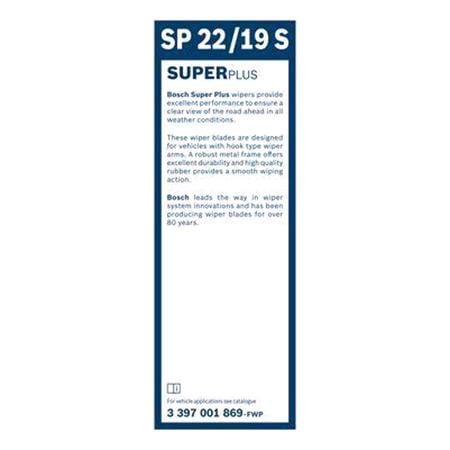 BOSCH SP22/19S Superplus Wiper Blade Front Set (550 / 475mm   Hook Type Arm Connection) with Spoiler