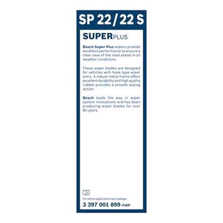 BOSCH SP22/22S Superplus Wiper Blade Front Set (550 / 550mm   Hook Type Arm Connection) with Spoiler for Peugeot BOXER Bus, 1994 2002