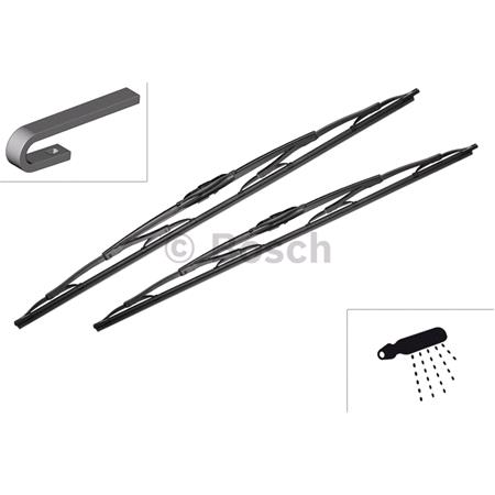 BOSCH 405A Superplus Wiper Blade Front Set (550 / 550mm   Hook Type Arm Connection with Integrated Sprayers) for Peugeot 405 Mk II, 1992 1995
