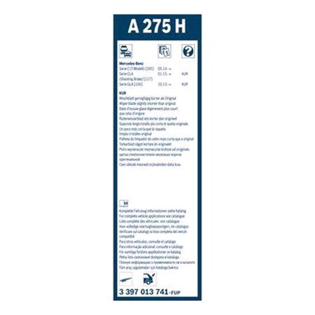 BOSCH A275H Rear Aerotwin Flat Wiper Blade (275mm   Pinch Tab Arm Connection) for Mercedes GLA CLASS, 2013 2020