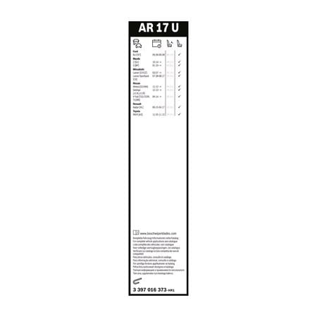 BOSCH AR17U Aerotwin Flat Wiper Blade (425mm   Hook Type Arm Connection) for Nissan QASHQAI, 2014 Onwards
