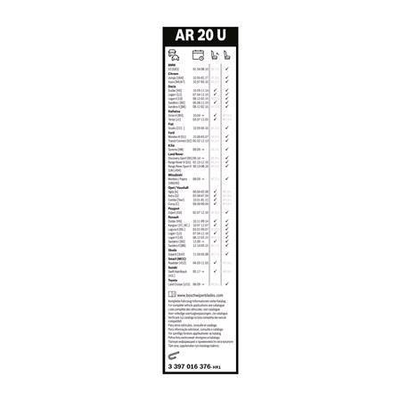 BOSCH AR20U Aerotwin Flat Wiper Blade (500mm   Hook Type Arm Connection) for Hyundai SONATA V, 2005 2010