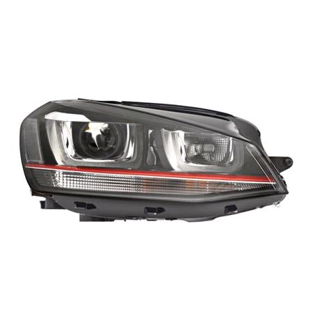 Right Headlamp (Bi Xenon, Takes D3S / H7 Bulbs, GTI Models, With Red Trim Strip, With Bending Light, With LED Daytime Running Light, Supplied Without Bulbs or Ballast, Supplied With Motor, Original Equipment) for Volkswagen GOLF VII 2013 2016